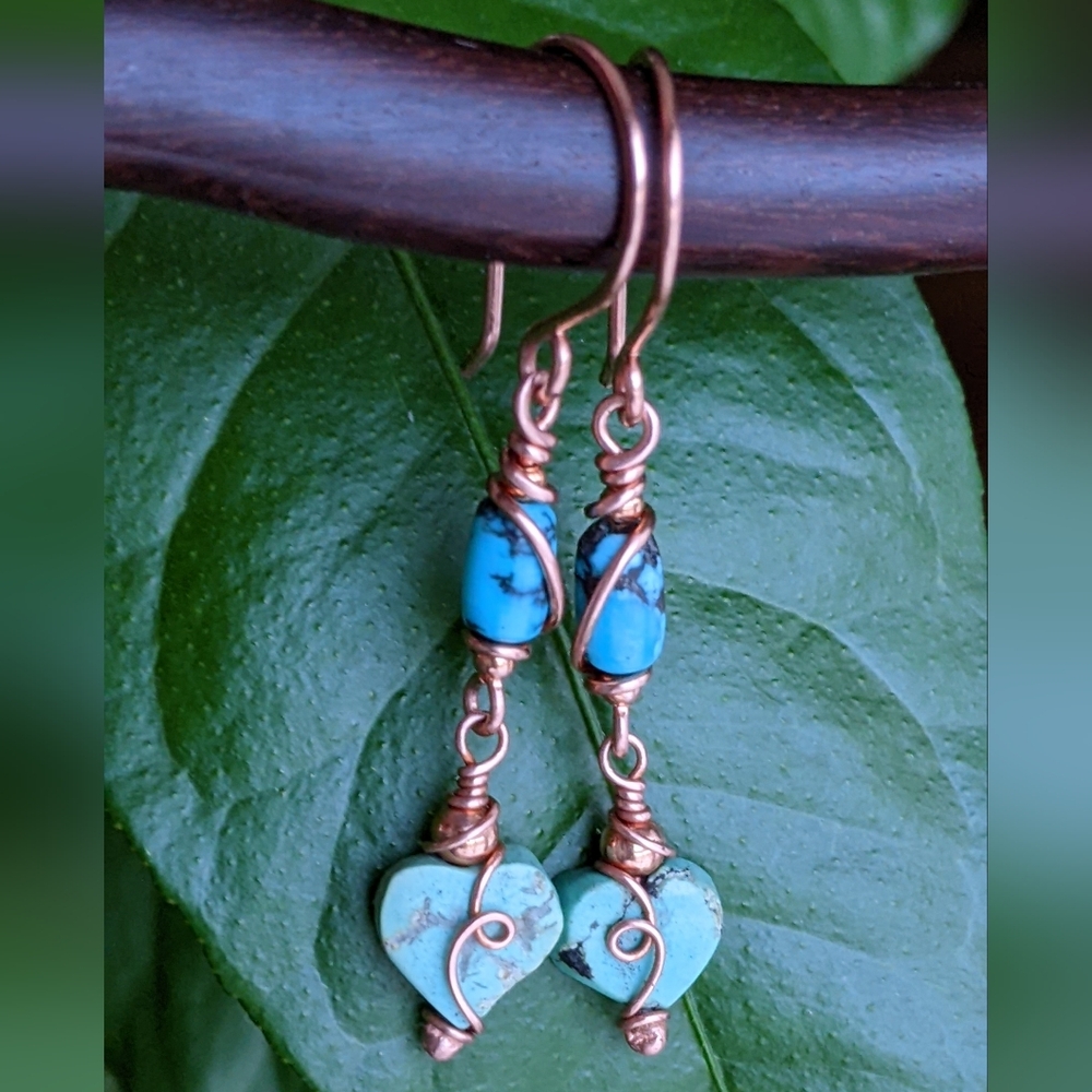 Authentic Turquoise Heart Earrings Copper Wire Wrap Dangle Drop - Picture 2 of 8